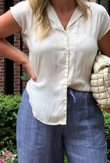 SHORT SLEEVE SILKY BUTTONDOWN (CREAM) Top LA 