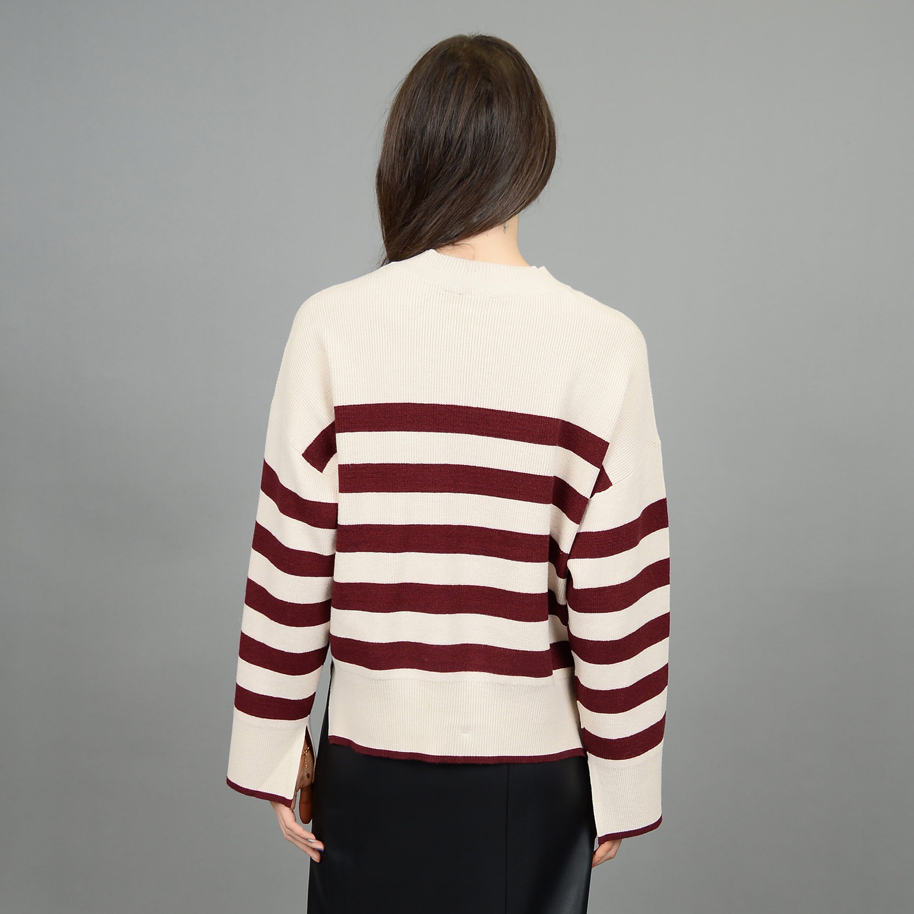 LIGHTWEIGHT STRIPE CREWNECK SWEATER (CREAM AND BURGUNDY) Sweater RD STYLE 