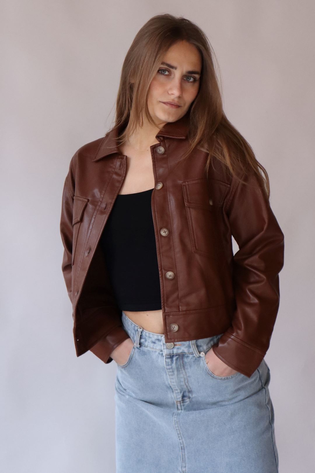 Tinsel Women's Faux Leather Flyaway Collar Jacket Brown Size Petite Small 