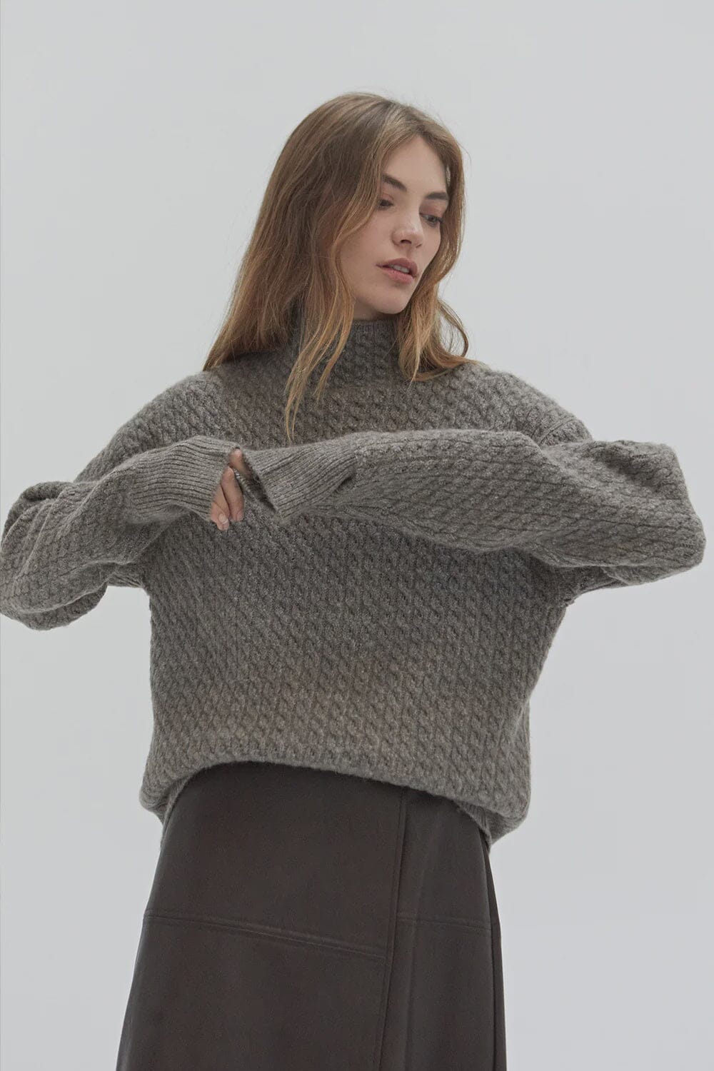 TAUPE CABLE KNIT MOCK NECK SWEATER Sweater CRESCENT 