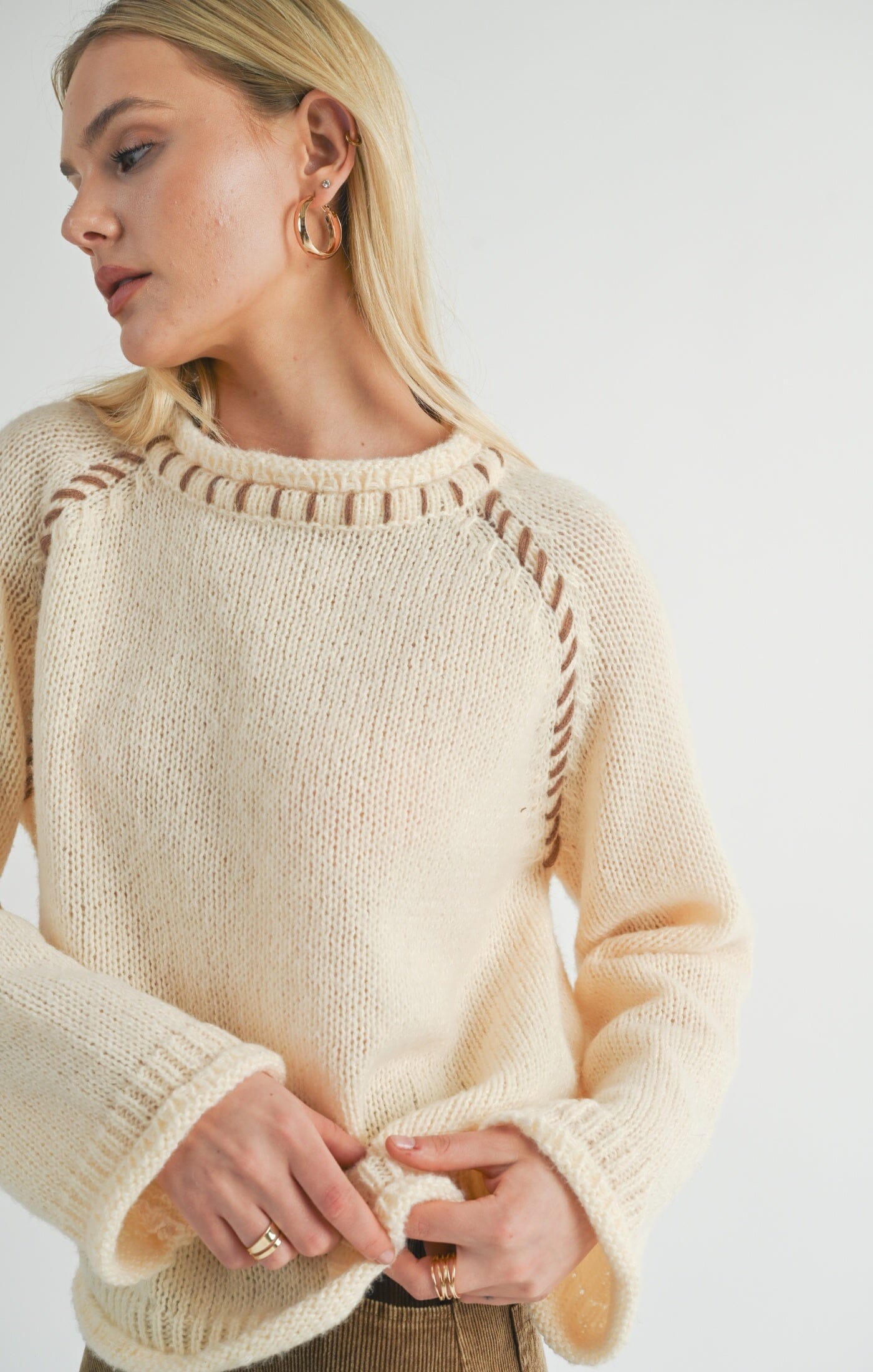 CONTRAST STITCH CREAM KNIT SWEATER Sweater SADIE AND SAGE 