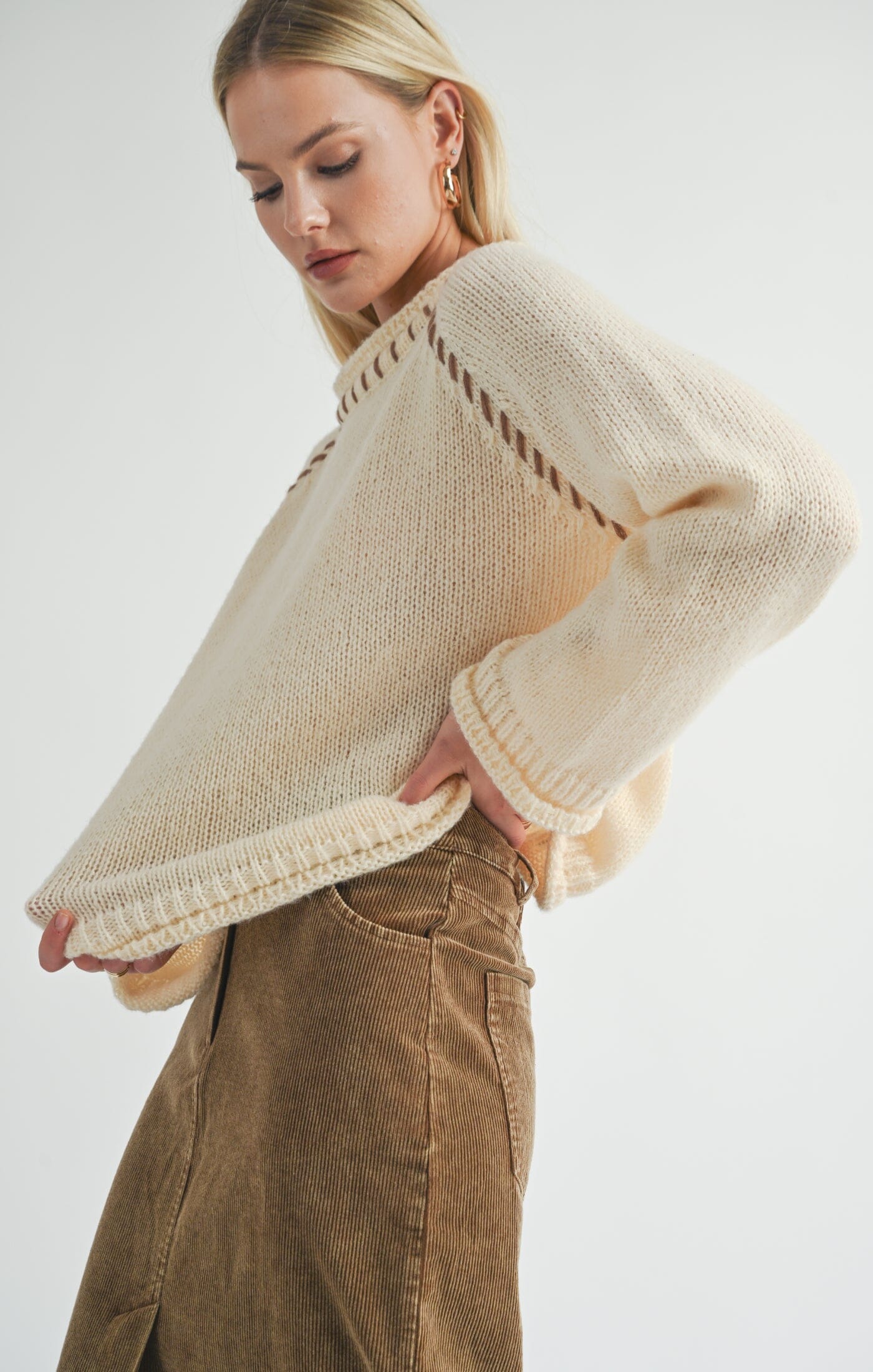 CONTRAST STITCH CREAM KNIT SWEATER Sweater SADIE AND SAGE 