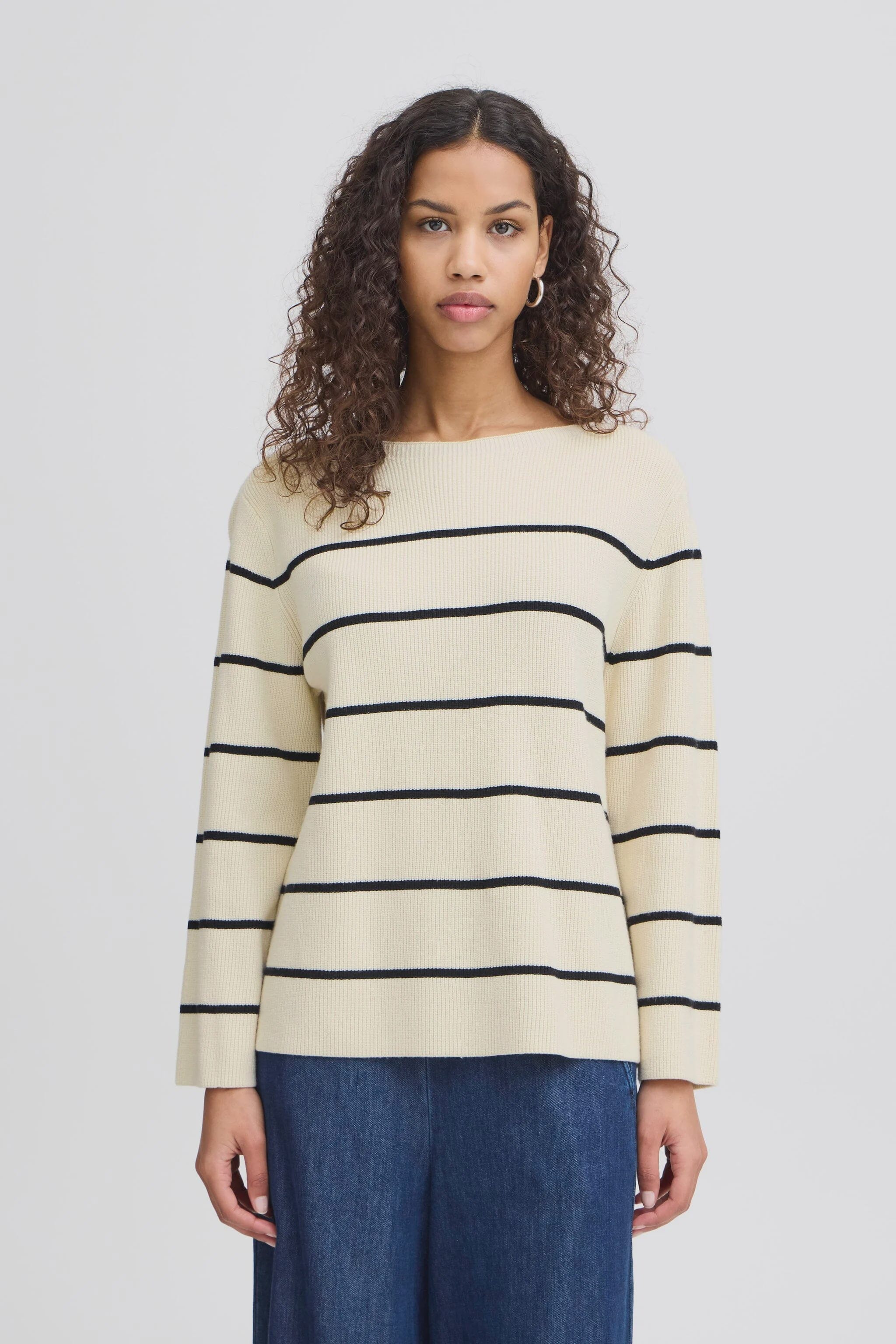 CREAM BOAT NECK STRIPE SWEATER Sweater ICHI 