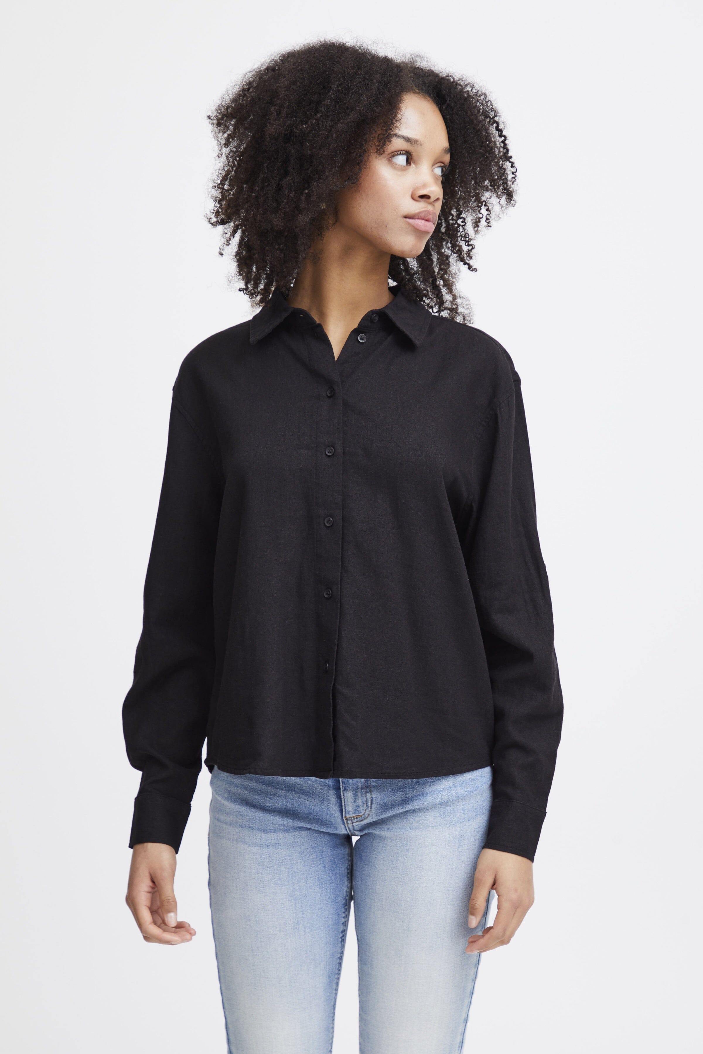 VIVER LINEN BLEND BUTTON DOWN (BLACK)v Top ICHI 