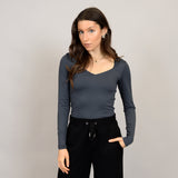 SWEETHEART NECKLINE LONG SLEEVE TOP (GREY) Top SECOND SKIN 